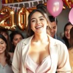 Young woman celebrating her 20th birthday in a stylish outfit