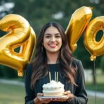 Young woman celebrating her 20th birthday photoshoot with balloons and a cake