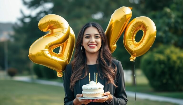 Young woman celebrating her 20th birthday photoshoot with balloons and a cake
