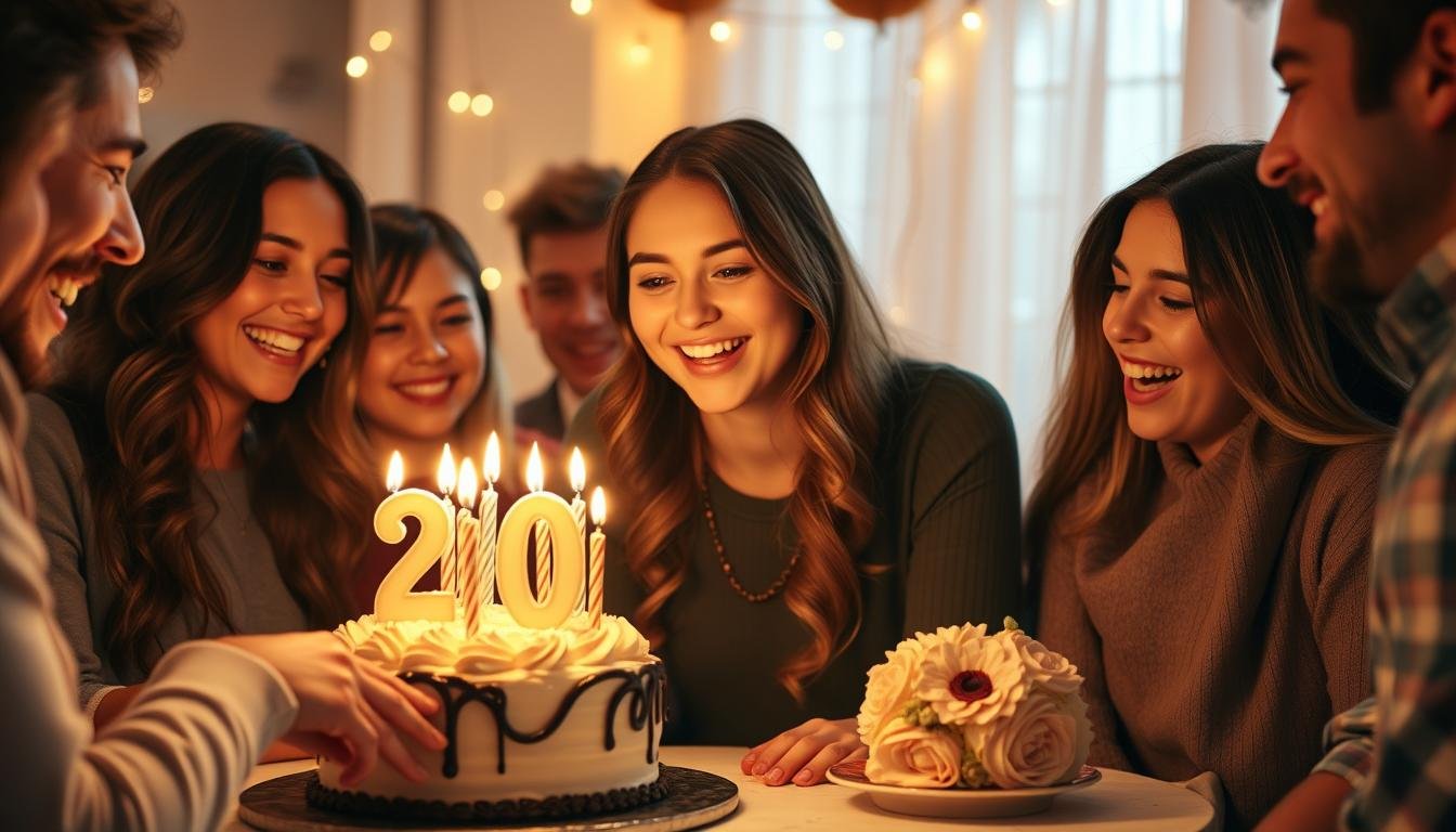 Young woman celebrating her 20th birthday with friends, blowing out candles on a cake