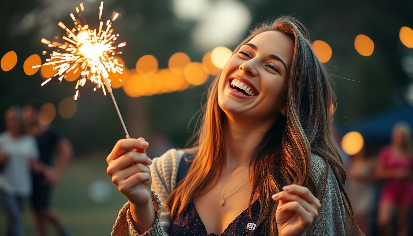 Young woman celebrating her 21st birthday with sparklers and a cake