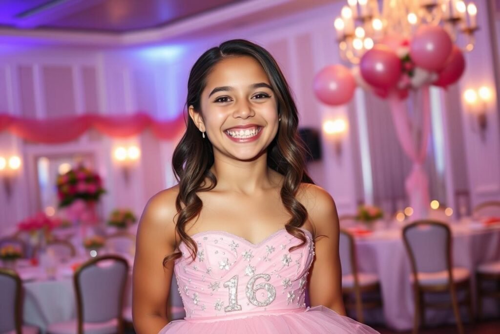 Young woman celebrating her Sweet 16 in a beautiful pink ball gown