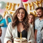 Young woman in a stylish 20th birthday outfit with friends celebrating