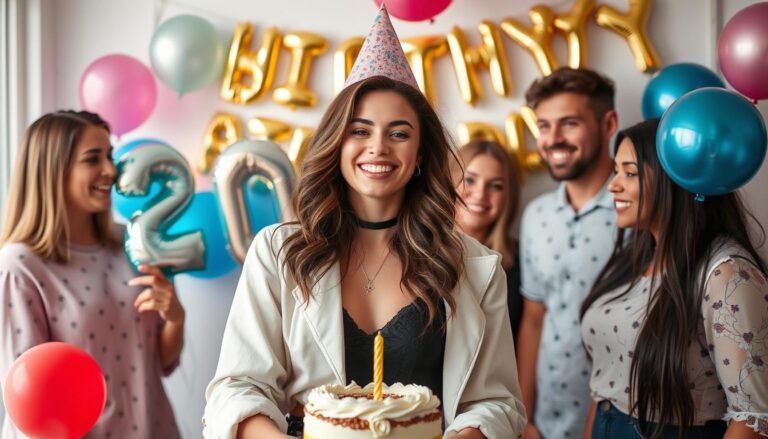 Young woman in a stylish 20th birthday outfit with friends celebrating