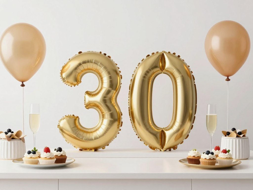 A 30th birthday celebration with '30' decorations for a happy birthday to me milestone A 30th birthday celebration with '30' decorations for a happy birthday to me milestone