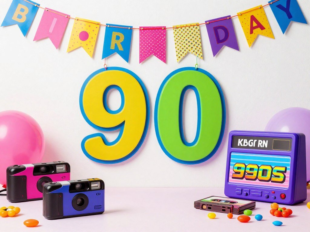A 90s themed birthday setup with retro decorations and nostalgic items for a happy birthday friend celebration