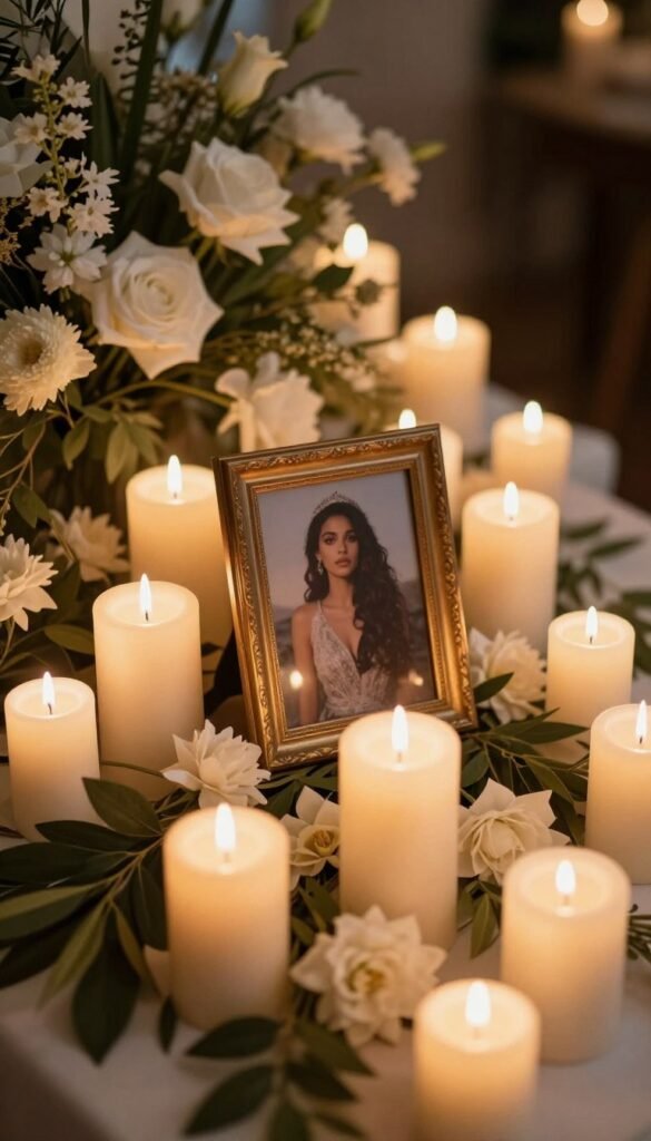A Pinterest-optimized vertical image showing memorial candles and flowers for a happy birthday in heaven pin A Pinterest-optimized vertical image showing memorial candles and flowers for a happy birthday in heaven pin