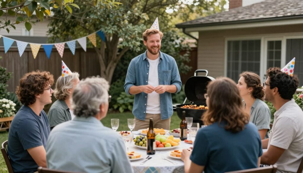 A backyard birthday gathering with friends and family A backyard birthday gathering with friends and family