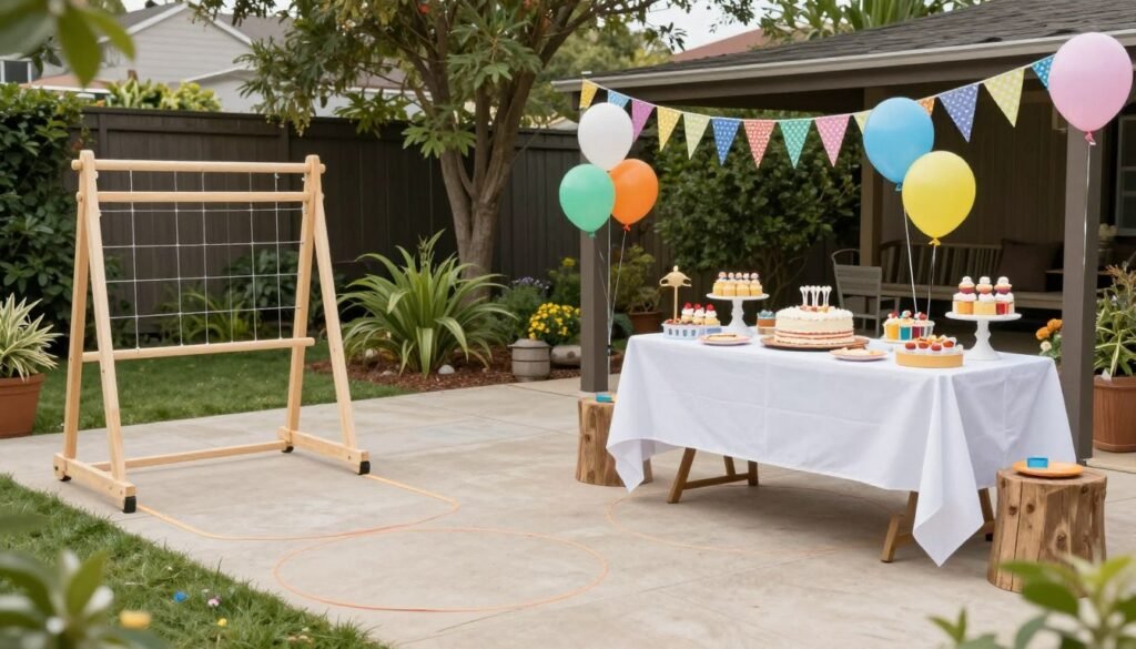 A backyard birthday party setup with games, decorations, and a table of treats