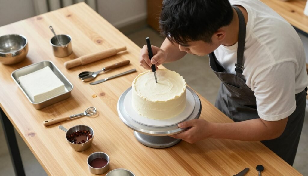 A baker working on decorating a birthday cake with tools organized around the workspace A baker working on decorating a birthday cake with tools organized around the workspace