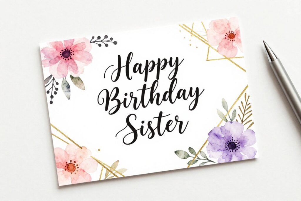 A beautiful birthday card with 'Happy Birthday Sister' written in elegant calligraphy