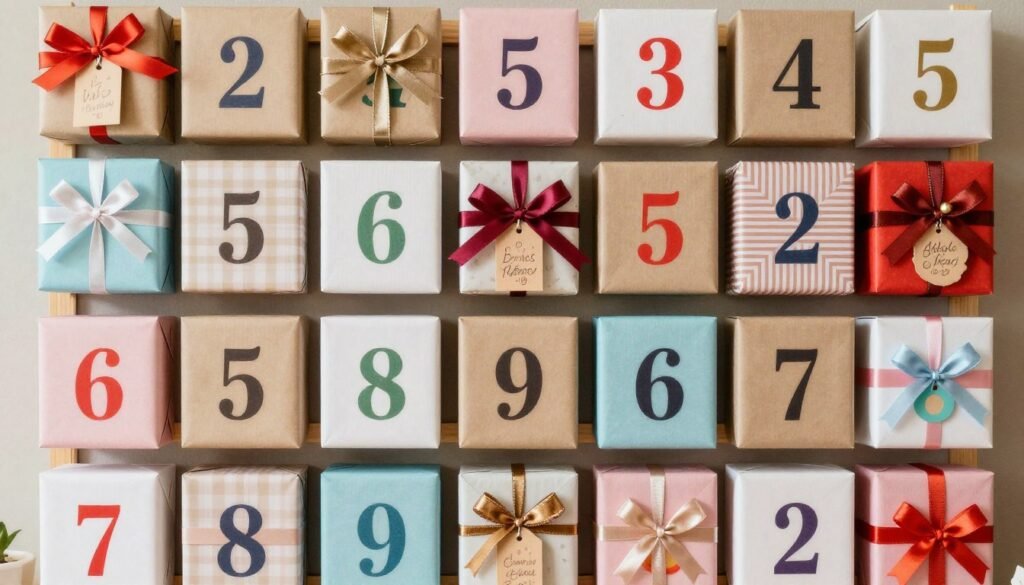 A beautiful birthday countdown calendar or advent-style gift set with small wrapped presents, notes, and activities for each day leading up to a granddaughter's birthday