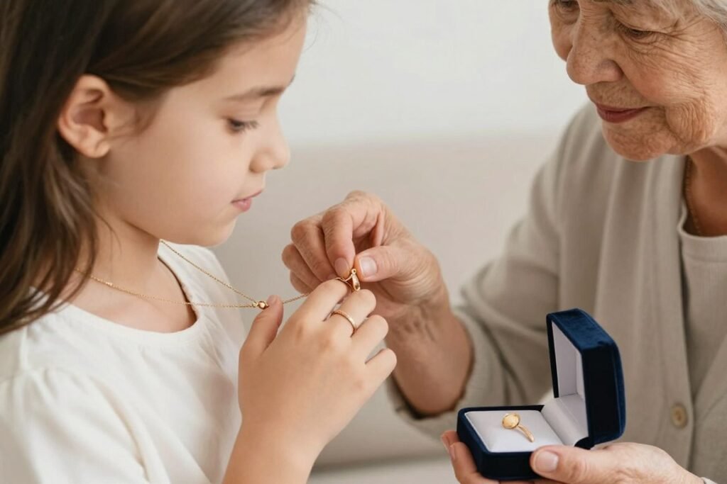 A beautiful piece of heirloom jewelry being passed from grandmother to granddaughter on her birthday, with the jewelry box open and both generations sharing an emotional moment