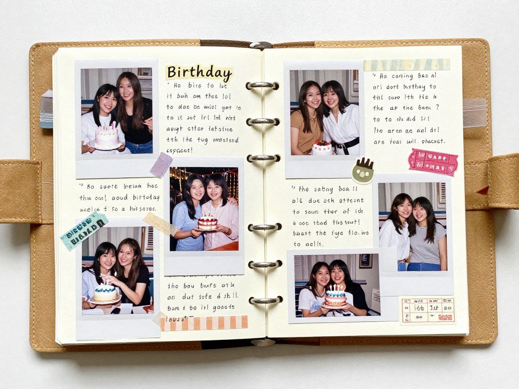 A beautiful sister scrapbook open to pages showing birthday celebrations over the years