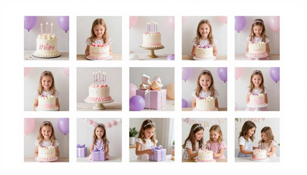 A beautifully arranged Pinterest board mockup showing birthday celebration ideas for a granddaughter with images of cakes, decorations, and gift ideas, all without text overlays