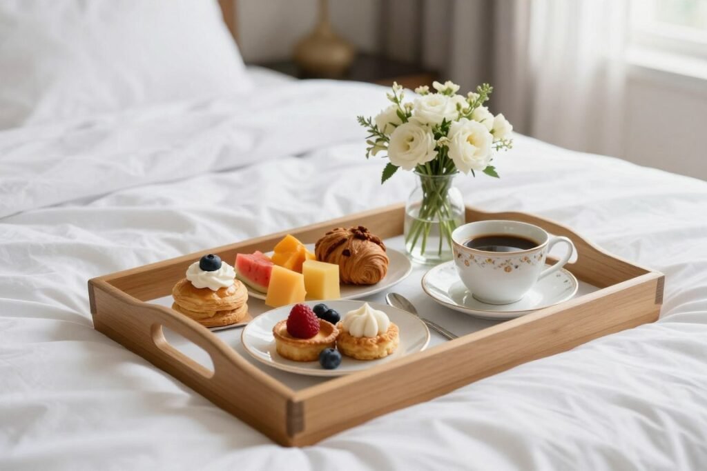 A beautifully arranged breakfast in bed tray with flowers for a happy birthday to me morning A beautifully arranged breakfast in bed tray with flowers for a happy birthday to me morning