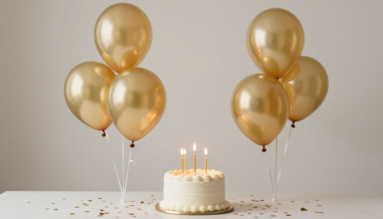 A beautifully arranged happy birthday Instagram story setup with balloons, cake, and confetti without any text overlay