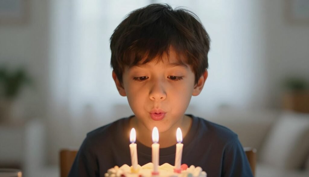 A beautifully captured moment of a grandson blowing out birthday candles with perfect lighting