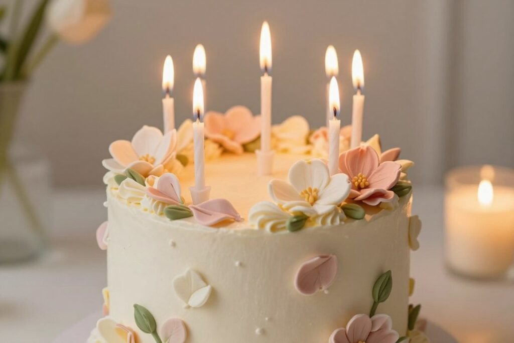 A beautifully decorated birthday cake with candles in soft lighting, no text overlay A beautifully decorated birthday cake with candles in soft lighting, no text overlay