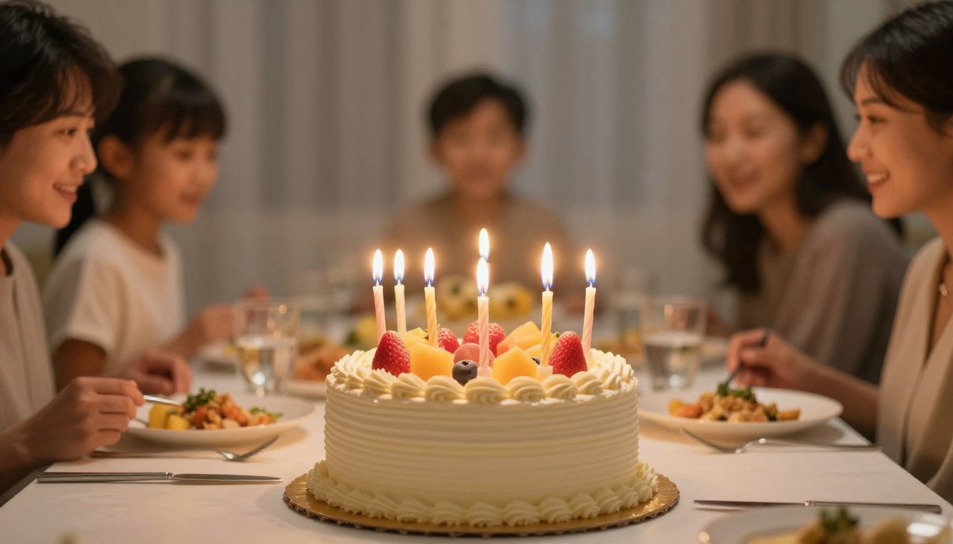 A beautifully decorated birthday cake with candles on a family dinner table