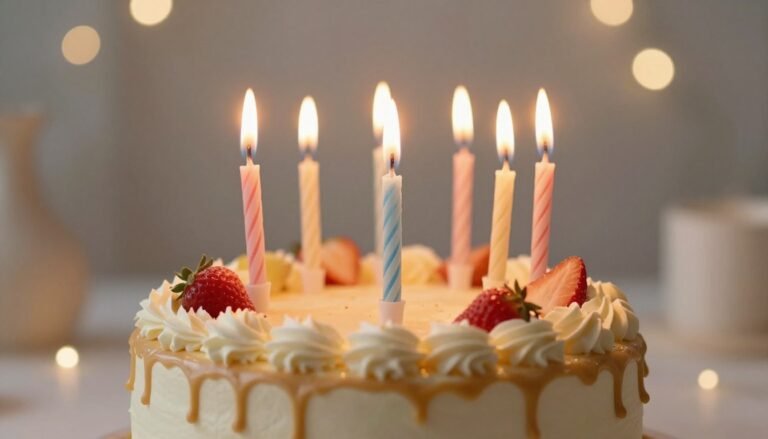 A beautifully decorated birthday cake with lit candles against a festive background, perfect for happy birthday wishes