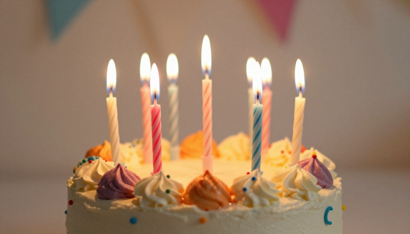 A beautifully decorated birthday cake with lit candles and colorful decorations against a soft background, representing heartfelt birthday celebrations