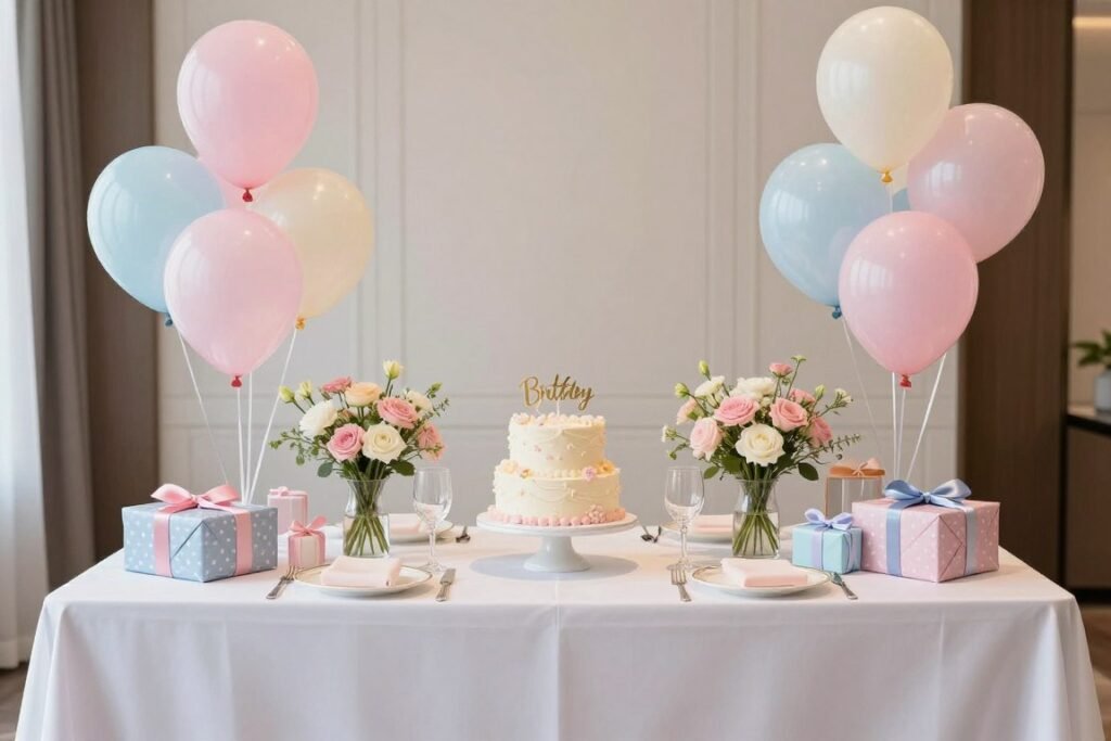 A beautifully decorated birthday table with pastel decorations for a daughter's celebration A beautifully decorated birthday table with pastel decorations for a daughter's celebration