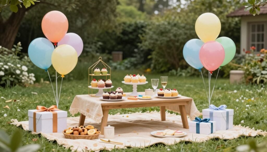 A beautifully decorated outdoor birthday picnic setup with balloons and treats, no text overlay A beautifully decorated outdoor birthday picnic setup with balloons and treats, no text overlay