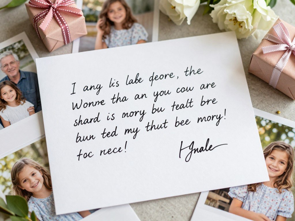 A beautifully handwritten birthday card for a granddaughter with heartfelt wishes, surrounded by meaningful photographs and small gifts