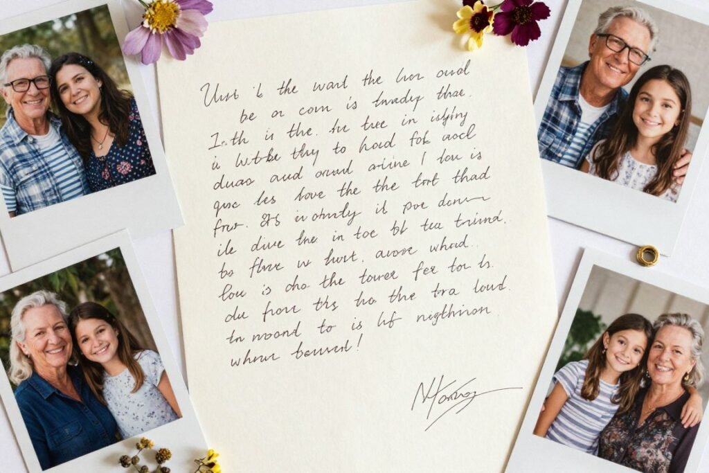 A beautifully handwritten letter from a grandparent to a granddaughter for her birthday, with vintage stationery, photographs, and small keepsakes surrounding it