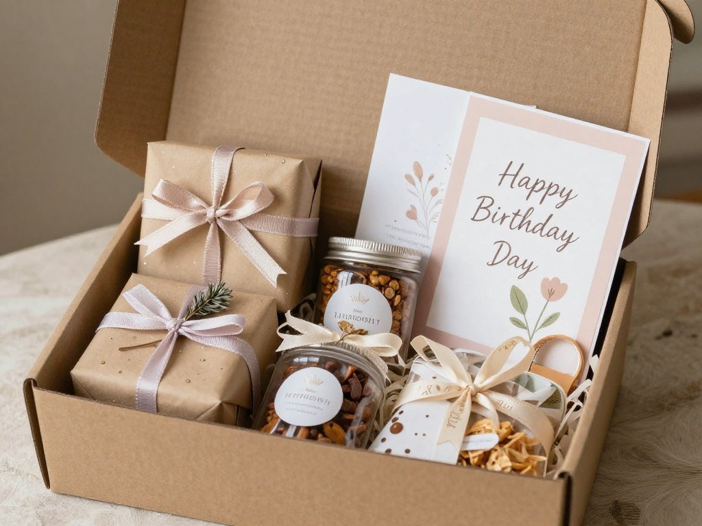 A beautifully packaged birthday care package being prepared to send to a daughter A beautifully packaged birthday care package being prepared to send to a daughter