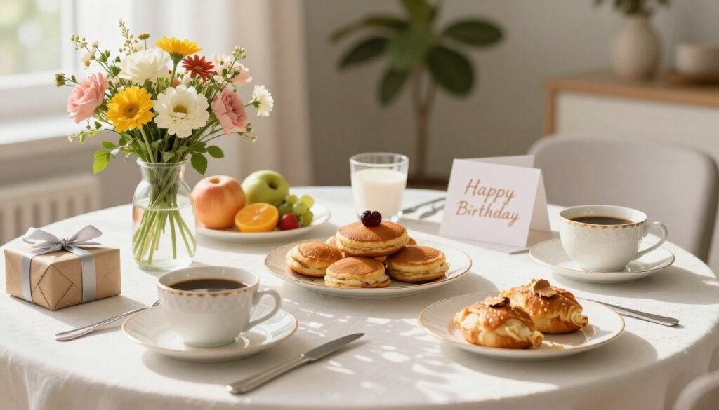 A beautifully set breakfast table with flowers, pastries, and coffee for mom's birthday
