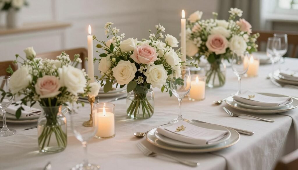 A beautifully styled birthday table setting with flowers, candles, and elegant tableware for a happy birthday friend celebration
