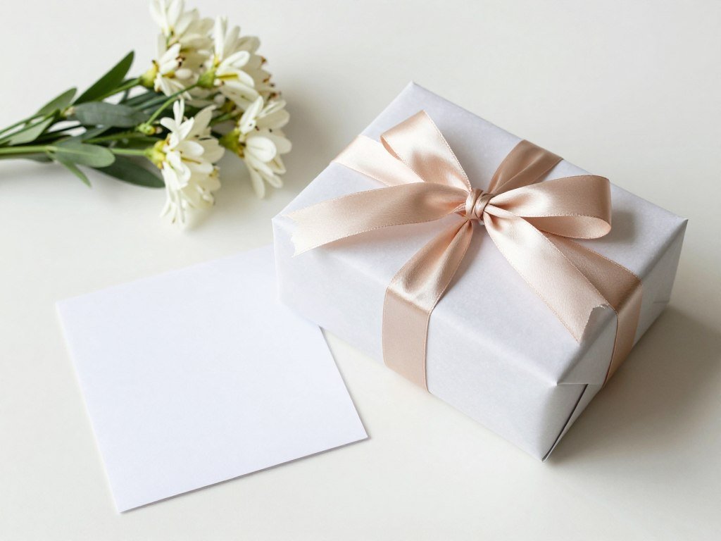 A beautifully wrapped birthday gift box with ribbon sitting next to a handwritten happy birthday friend card and fresh flowers