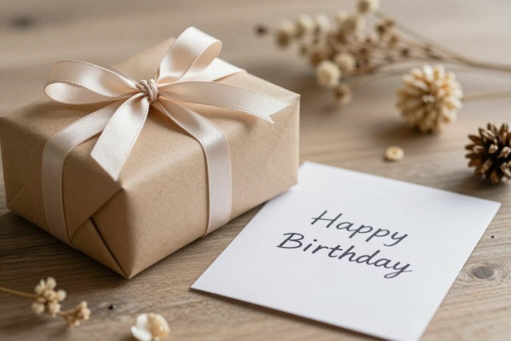 A beautifully wrapped birthday gift with a handwritten card featuring happy birthday best friend quotes