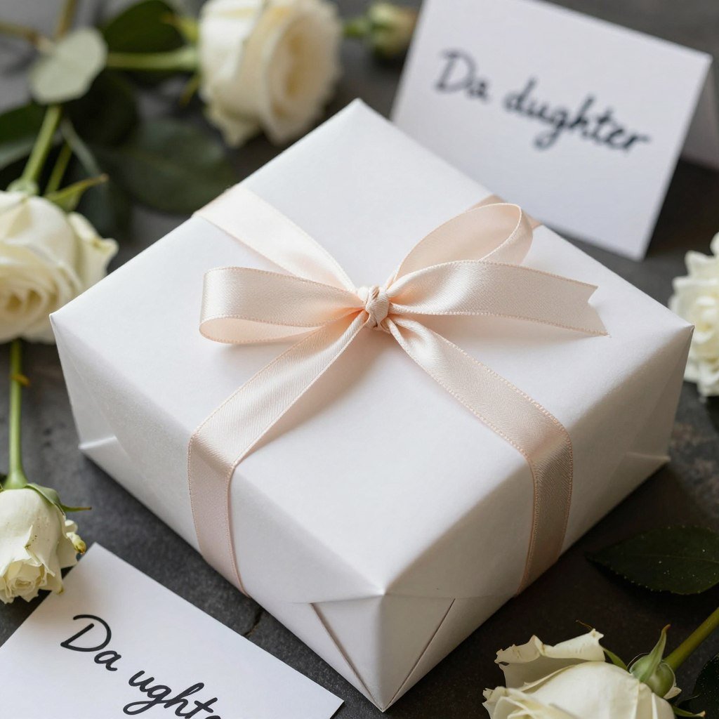 A beautifully wrapped birthday gift with a handwritten note for a daughter A beautifully wrapped birthday gift with a handwritten note for a daughter