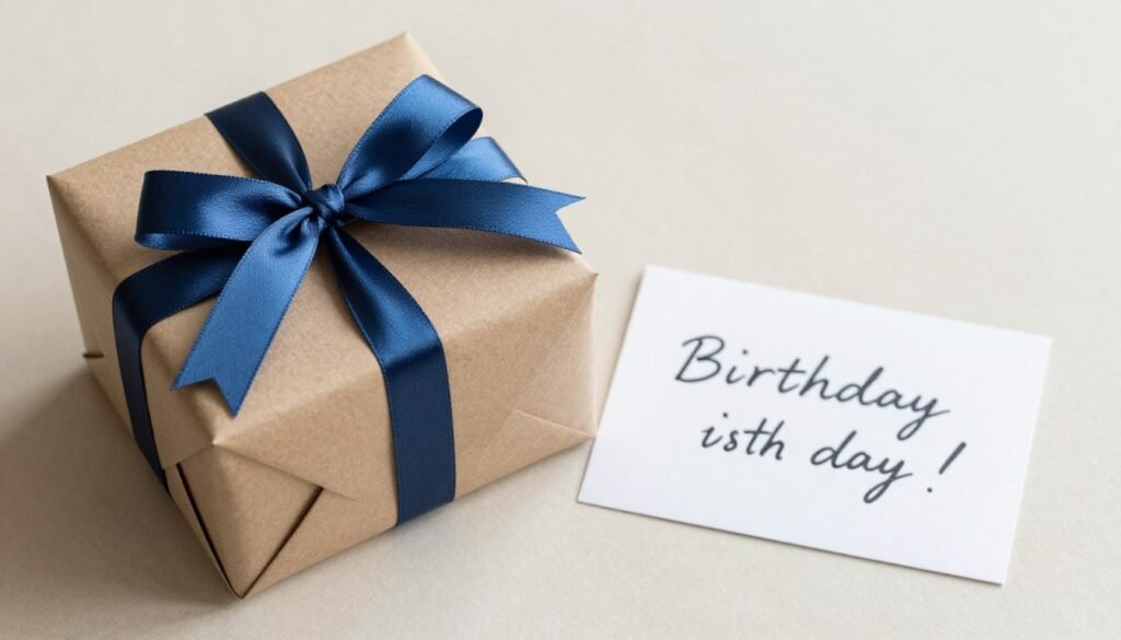 A beautifully wrapped birthday gift with blue ribbon next to a handwritten card