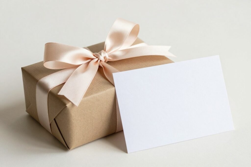 A beautifully wrapped birthday gift with ribbon and card