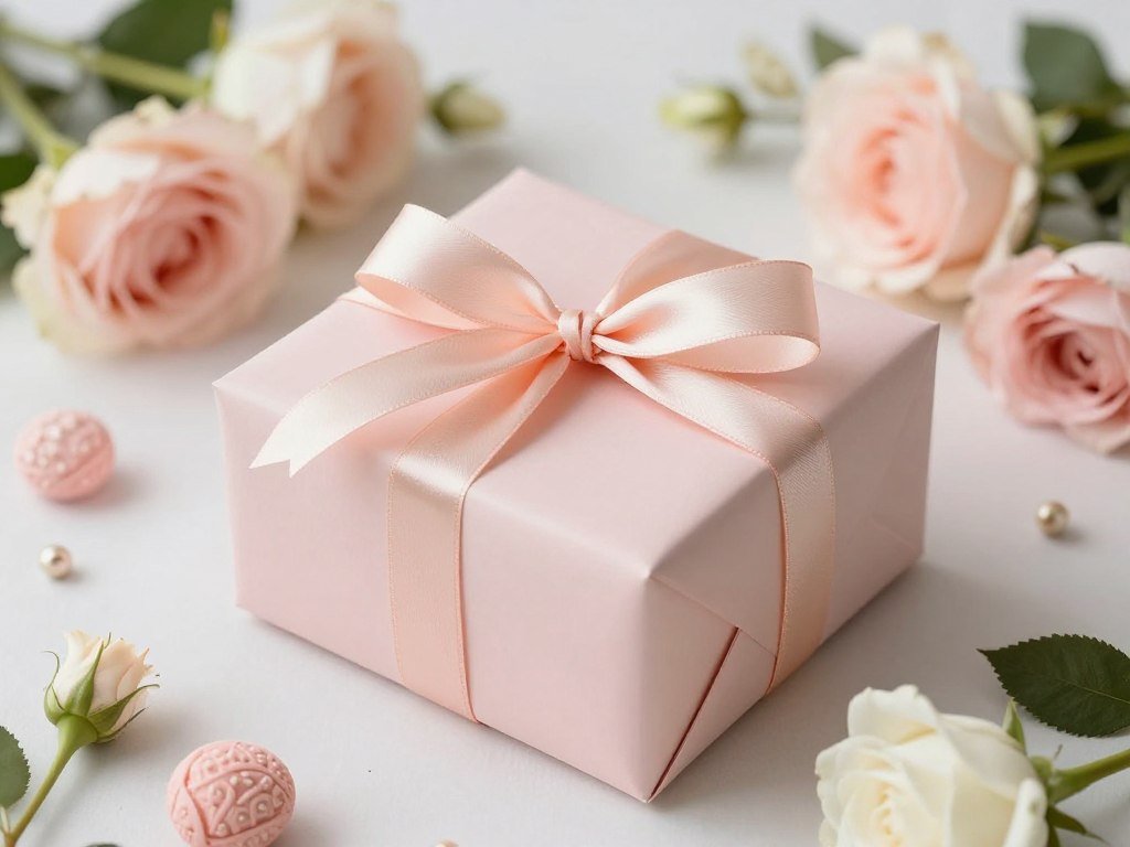A beautifully wrapped birthday gift with ribbon and flowers, no text overlay A beautifully wrapped birthday gift with ribbon and flowers, no text overlay