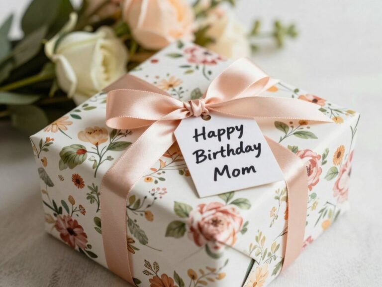 A beautifully wrapped gift box with floral wrapping paper, satin ribbon, and a handwritten 'Happy Birthday Mom' tag sitting next to fresh flowers