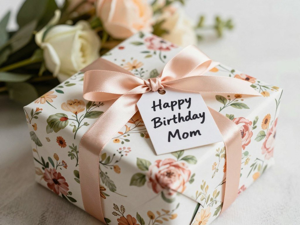 A beautifully wrapped gift box with floral wrapping paper, satin ribbon, and a handwritten 'Happy Birthday Mom' tag sitting next to fresh flowers