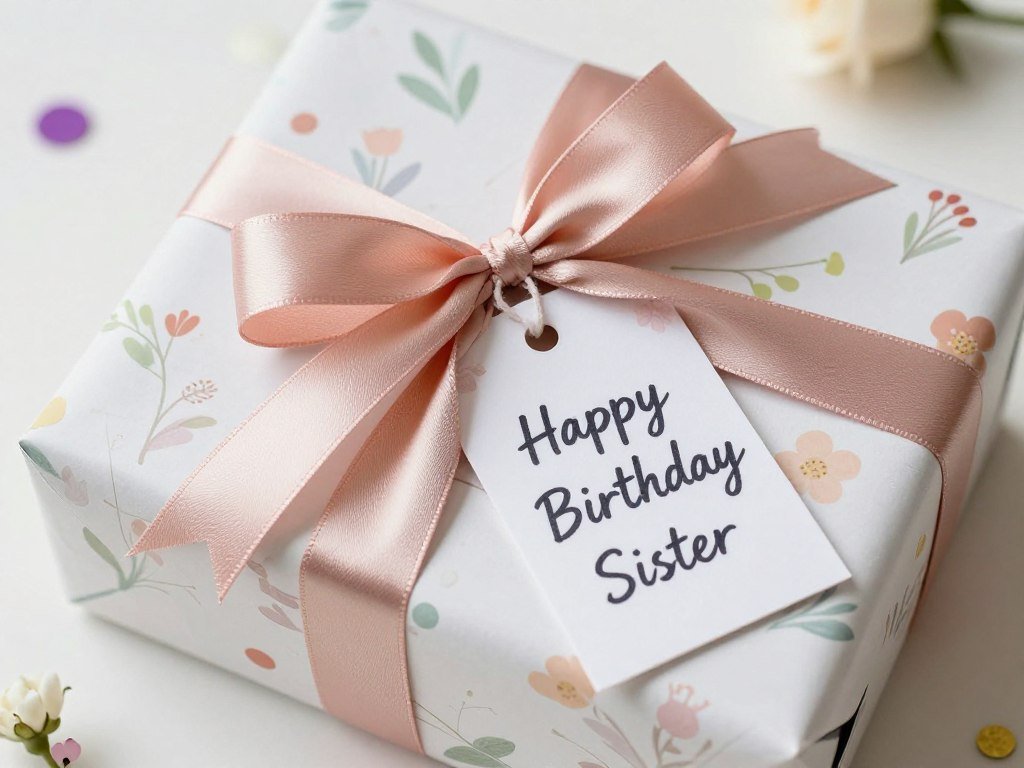 A beautifully wrapped gift box with ribbon and a 'Happy Birthday Sister' tag