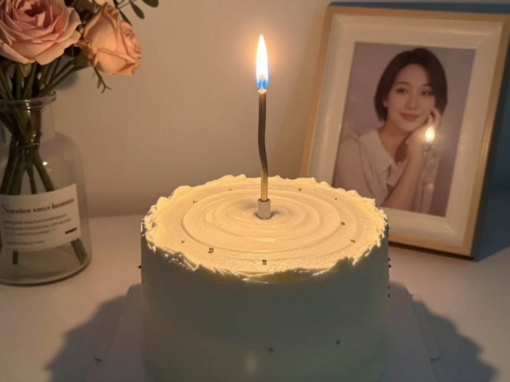 A birthday cake with a single candle in honor of mom's heavenly birthday