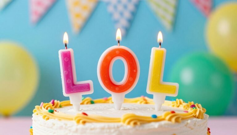 A birthday cake with candles arranged to spell 'LOL' instead of showing the age, perfect for a funny happy birthday celebration