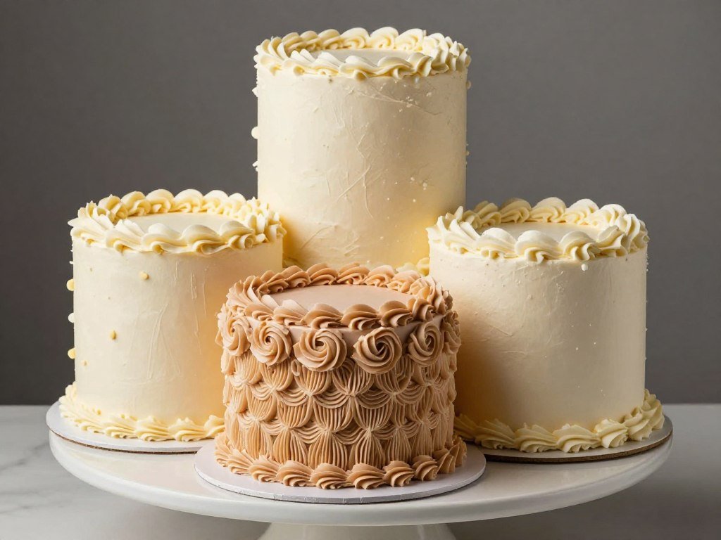 A birthday cake with various textured frosting techniques demonstrated on different sections A birthday cake with various textured frosting techniques demonstrated on different sections