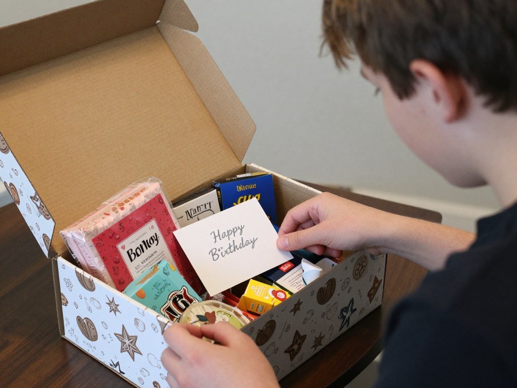 A birthday care package being opened by a nephew, filled with thoughtfully selected items and a card
