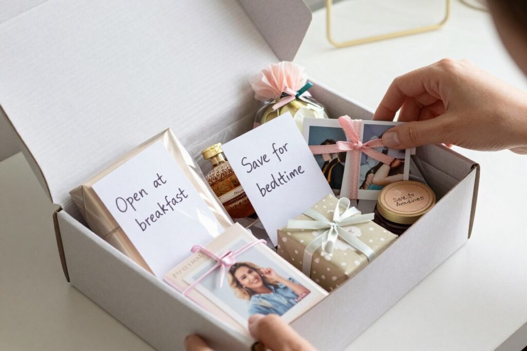 A birthday care package being prepared with multiple wrapped gifts and handwritten notes