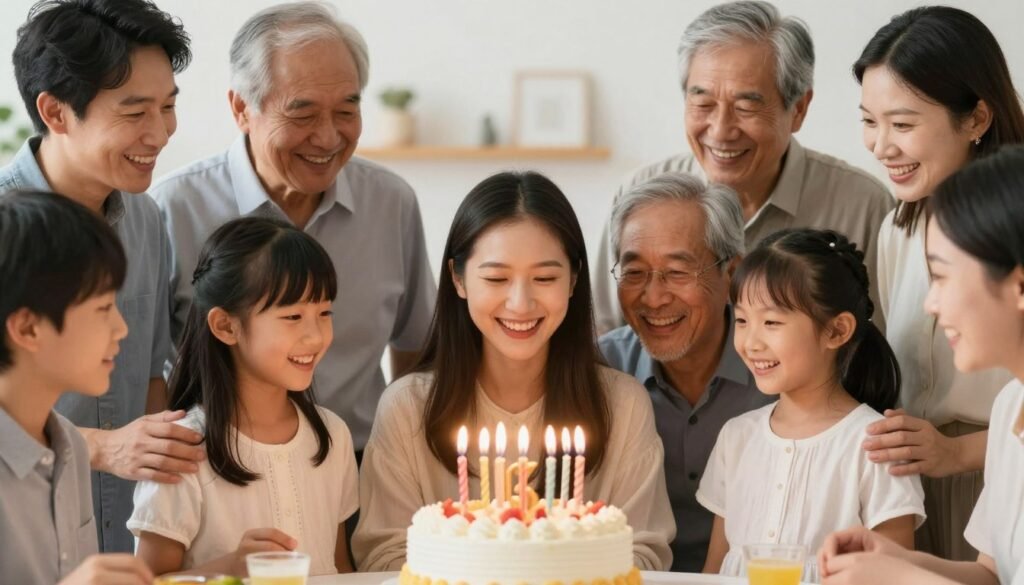 A birthday celebration with family members and cousins gathered around a cake