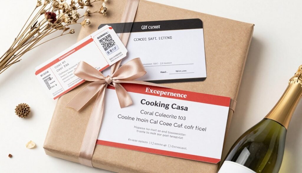 A birthday experience gift presentation featuring concert tickets, a spa gift certificate, and a cooking class voucher arranged with decorative elements A birthday experience gift presentation featuring concert tickets, a spa gift certificate, and a cooking class voucher arranged with decorative elements