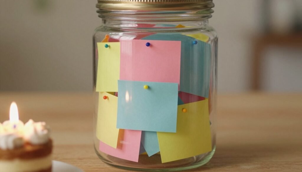 A birthday memory jar with notes being added for a happy birthday to me tradition A birthday memory jar with notes being added for a happy birthday to me tradition